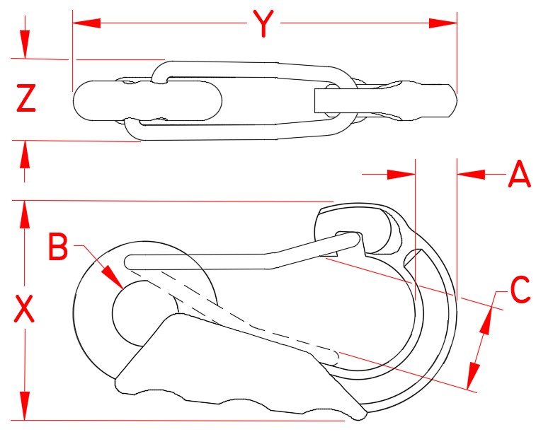 Stainless Steel Poly Grip Harness Clip, S0184-N100, S0184-N120, Line Drawing Stainless Steel Poly Grip Harness Clip, S0184-N100, S0184-N120, Line Drawing